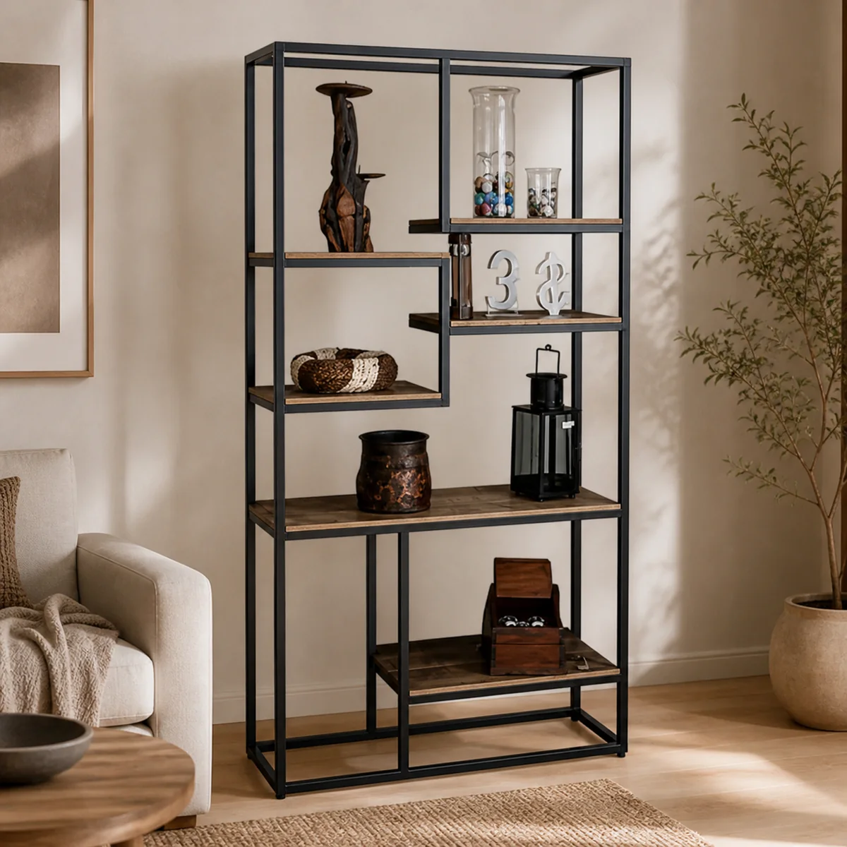 Foundry Asymmetric Bookcase staged in a warm contemporary living room.