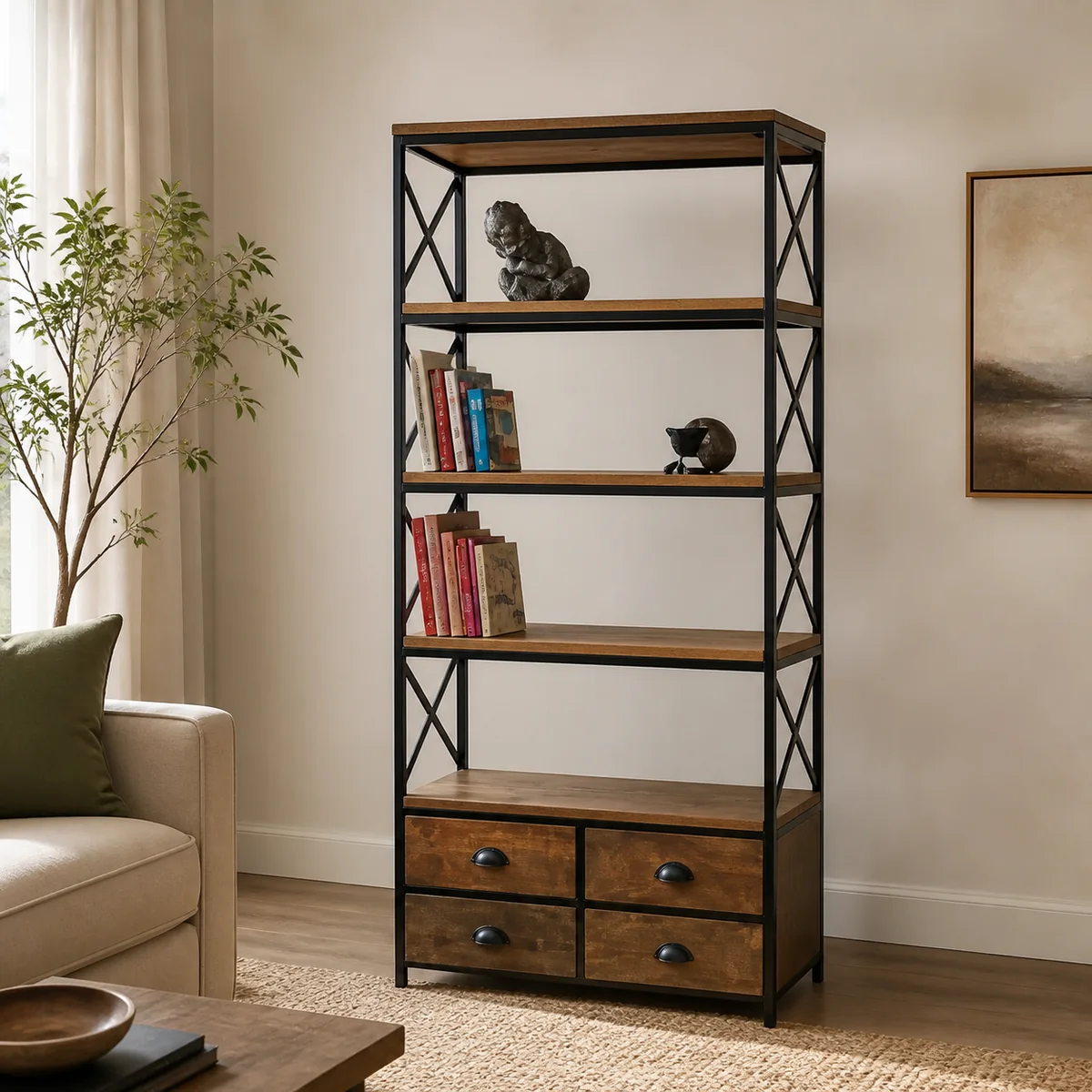 Foundry Drawer Bookcase staged in a refined living room.