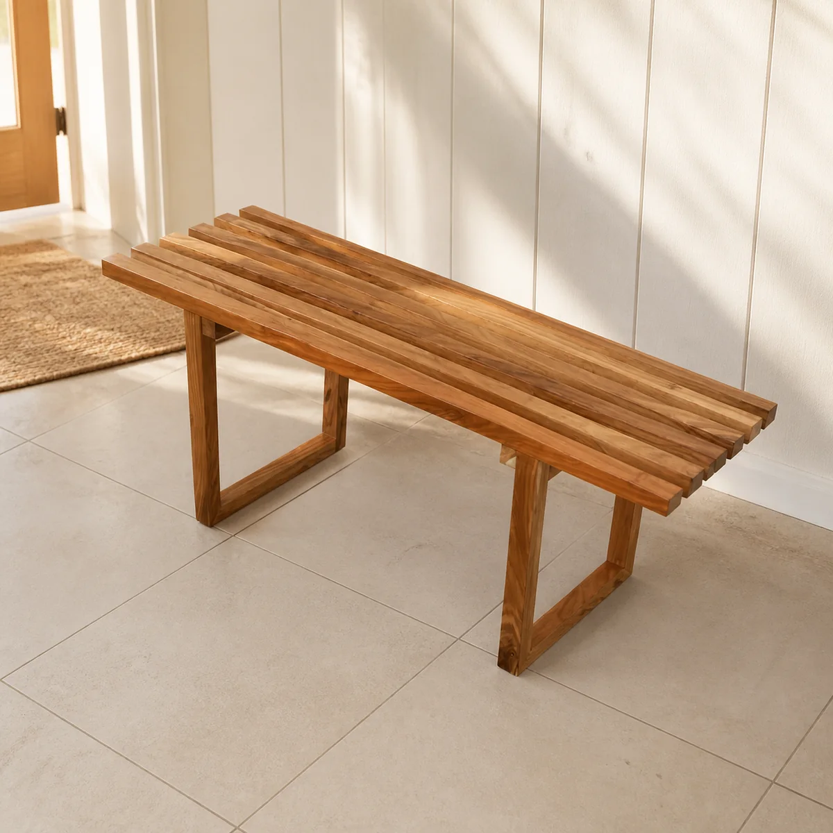 Dune Slat Bench staged in a sunlit entry hall.