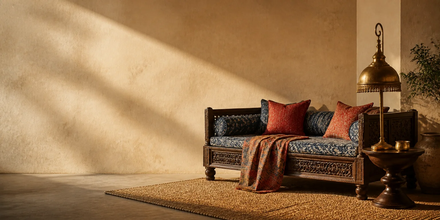 A carved teak daybed layered with indigo and chili textiles in warm afternoon light.