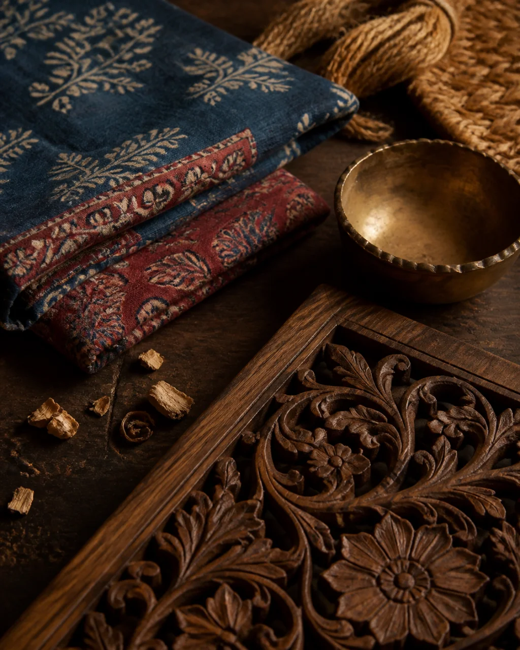 Carved teak, indigo block-print cloth, woven fibre, and aged brass.