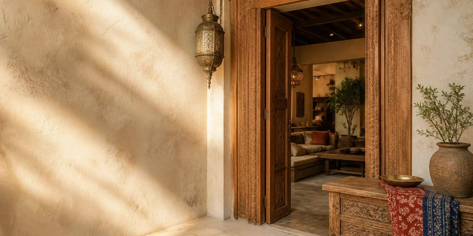 A carved teak doorway opening into a warm furniture showroom.