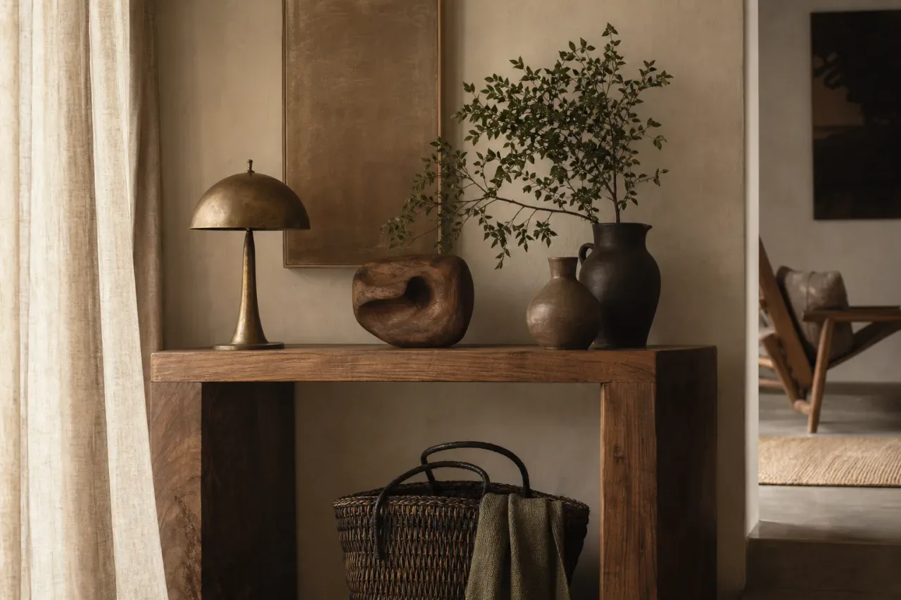 A timber console styled with tactile objects in soft afternoon light.